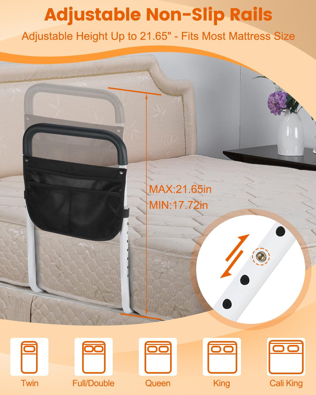 Yetulike Bed Rails for Elderly Adults Safety - Adjustable Bed Assist Rail for Seniors - Stable Beds Side Rails with Storage Bag & Fixing Strap, Fit King Queen Full Twin