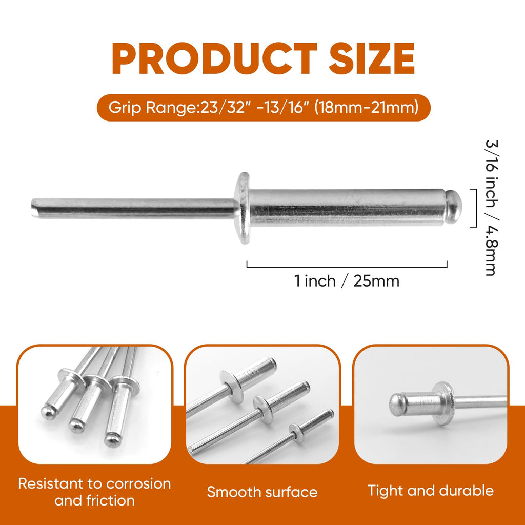 ALLCLEAN 110 Pcs 3/16" x 1" Aluminum Blind Rivets,4.8 x 25mm Pop Rivets,Aluminum Grip and Steel Mandrel