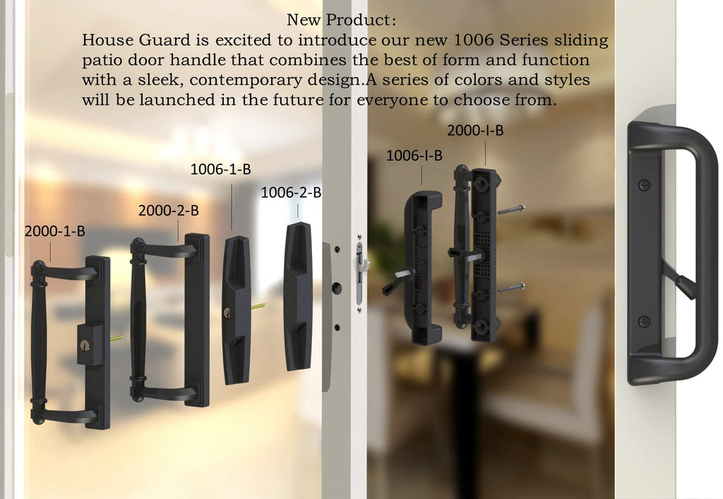House Guard Sliding Patio Door Handle Set with Mortise Lock, 3-15/16" Screw Hole Spacing, Fits 1-1/4" to 2-1/4" Doors, Reversible Black Aluminum