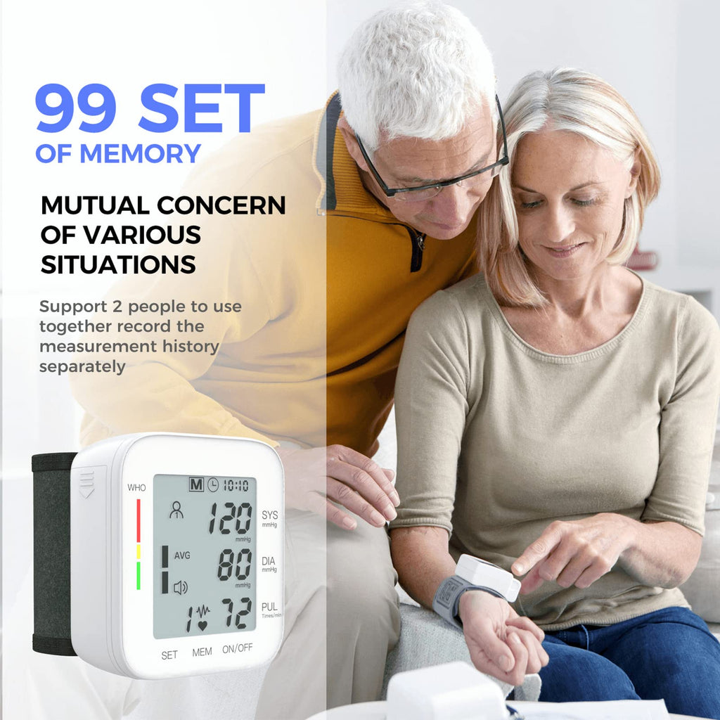 MMIZOO Wrist Blood Pressure Monitor Large LCD Display BP Machine Adjustable Cuff 5.31-7.68 inch Automatic 99x2 Sets Memory with Carrying Case for Home Use (White)