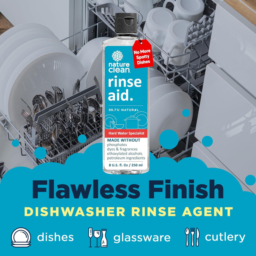 Nature Clean Dishwasher Rinse Aid Liquid, Non Toxic Natural Formula, Spot Free Shine for Glasses & Dishes, Hard Water Stain Remover, Dishwasher Drying Agent, 8 oz/250 ml Pack of 12