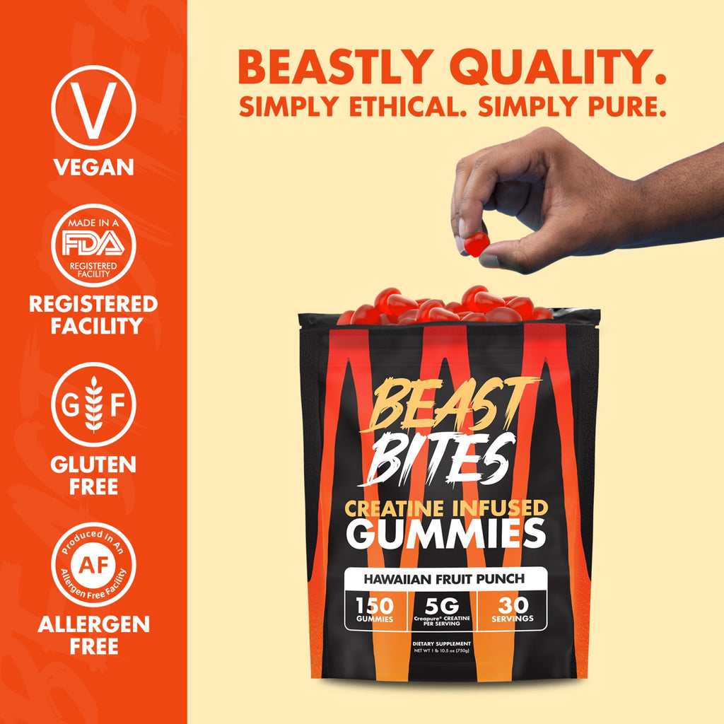 BEAST BITES Creatine Monohydrate Gummies - for Men and Women - 5g Creapure Creatine, Support Muscle Mass, Strength, and Cognitive Function - Made in USA - 150 Gummies - 30 Servings