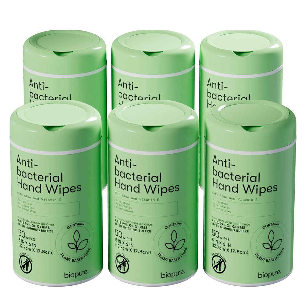 Biopure Antibacterial Hand Wipes Fresh Morning Breeze- Antibacterial Wipes with Aloe and Vitamin E Formula | 5"x7" Wet Wipes Canister | No Parabens, Sulfates or Phthalates, Kills 99% of Germs, 300 ct
