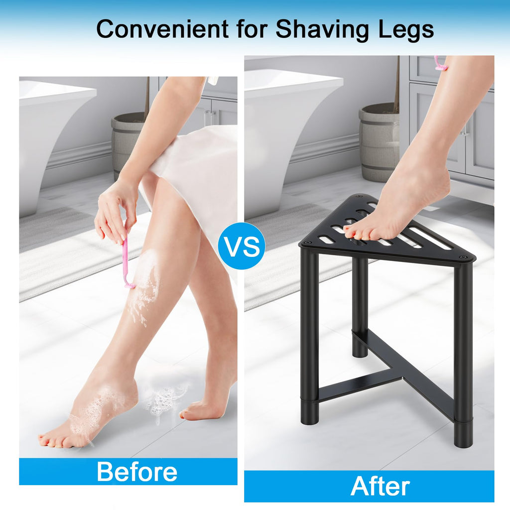 JIAPAIDUO Shower Stool for Inside Shower, 13.78" D Stainless Steel Shaving Foot Rest, Waterproof Corner Bench, Black Seat to Shave Legs with Rubber Cushion
