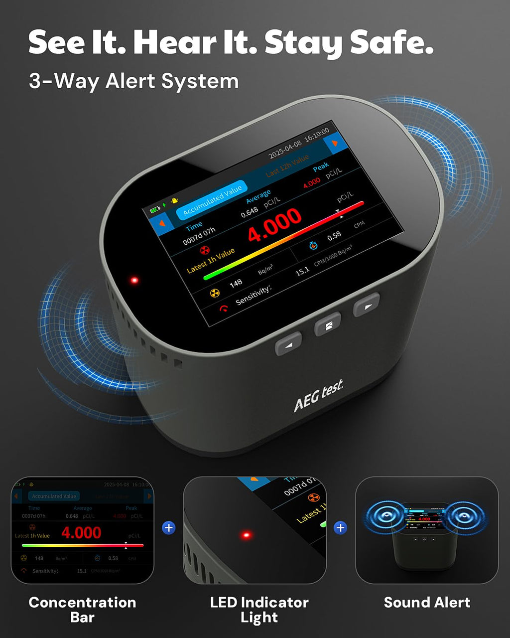AEGTEST HOUND-3786 Radon Detector for Home, 10-Min Update, 3.5" Large Display, Long-Term Radon Monitoring with Data Charts, PDF Export, Audible & Visual Alarm, pCi/L & Bq/m³ -Black
