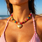 Lmzpjzml Chunky Colorful Beaded Necklaces for Women Big Bead Boho Choker Necklace Trendy Heart Statement Necklace Summer Beach Jewelry