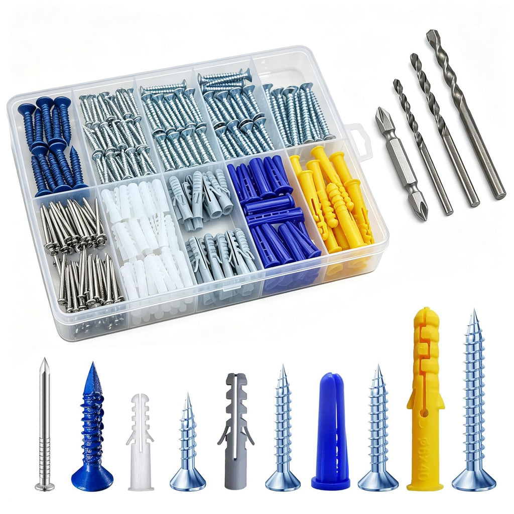 Wensilon (270 pcs) Assortment Plastic Drywall Wall Anchors Kit Screws