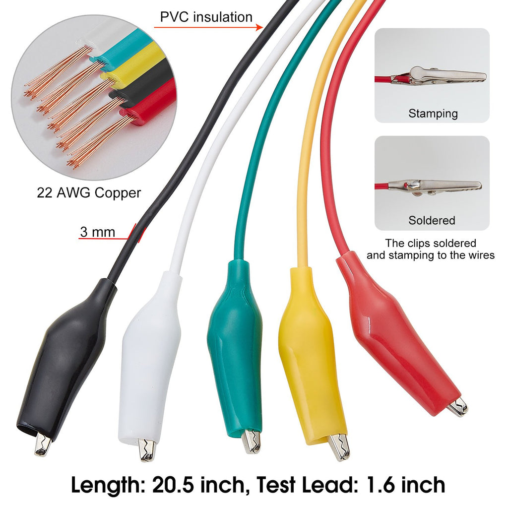 WG-026 10-Piece Test Lead Set with Alligator Clips, 22 AWG, 20.5-Inch, 5 Colors Copper Wire Soldered and Stamped Alligator Clips，Testing Probes, Crocodile Jumper Wires Cable for Electrical Testing