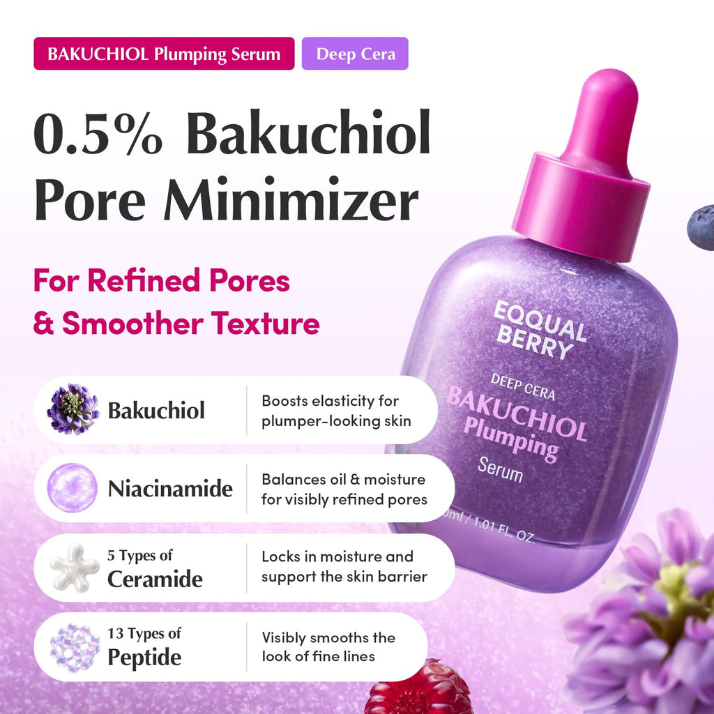 EQQUALBERRY Bakuchiol Plumping Serum | 0.5% Bakuchiol Retinol Alternative | Pore Minimizer for Sensitive Skin | Niacinamide & Peptide Wrinkle Care | Korean Skincare (1.01oz / 30ml)