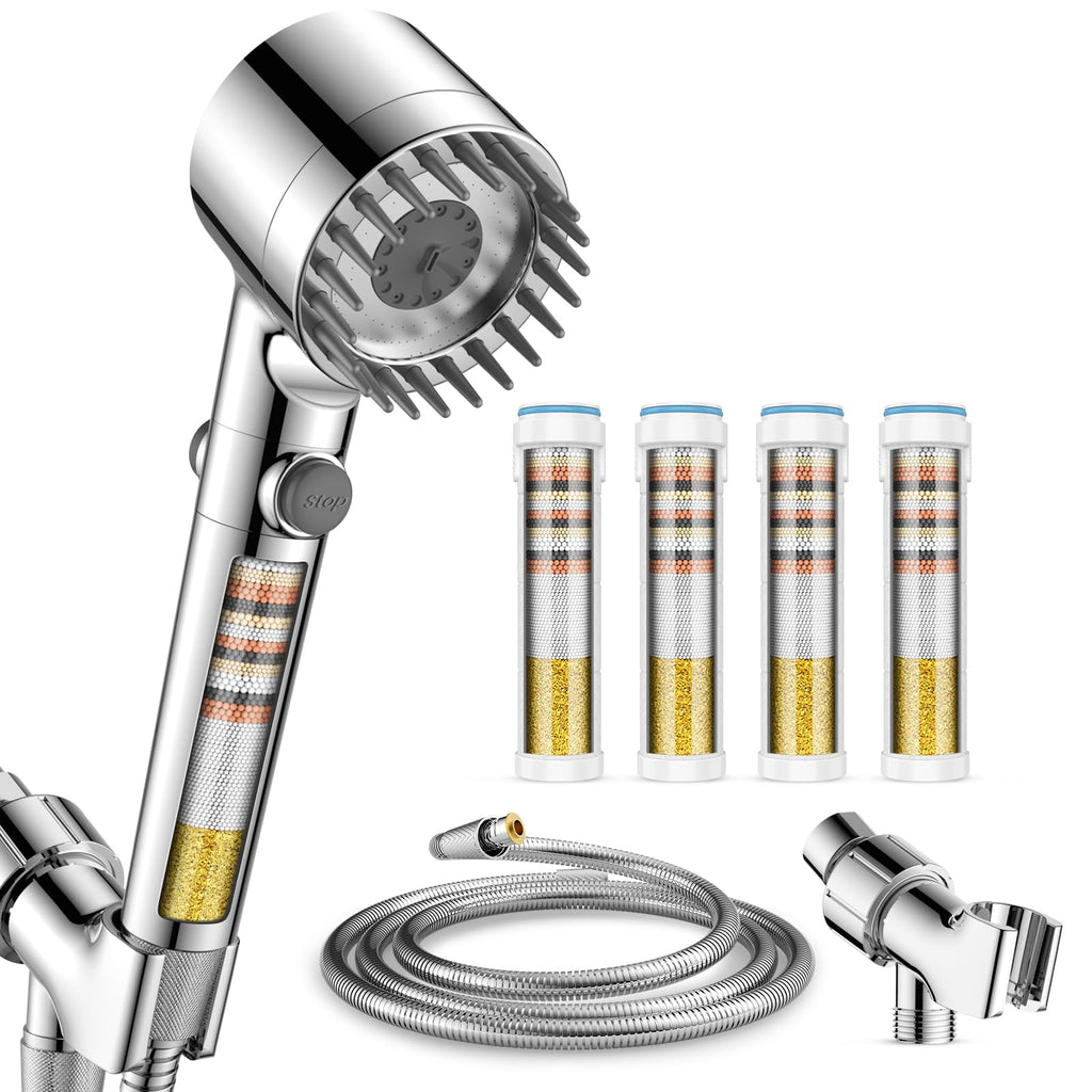 Fitespot Filtered Shower Head with Handheld with 4PCS Filters, High Pressure 4 Spray Modes Shower heads with Filter, IronDrops Water Softener Filter for Hard Water 70" Hose (Chrome)