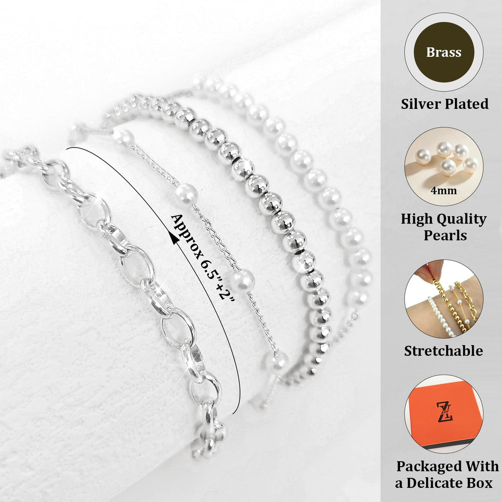 Zeffy Pearl Bracelets for Women, Silver Pearl Beaded Stackable Bracelets Charm Dainty Pearls Bracelet Stack Paperclip Link Chain Layered Bracelet Trendy Silver Bridesmaid Jewelry Set for Women