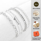 Zeffy Pearl Bracelets for Women, Silver Pearl Beaded Stackable Bracelets Charm Dainty Pearls Bracelet Stack Paperclip Link Chain Layered Bracelet Trendy Silver Bridesmaid Jewelry Set for Women