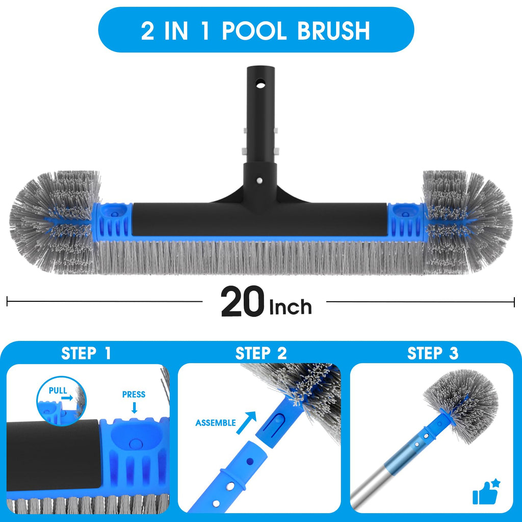 Upgraded Pool Brush Set - 20’’ 2-in-1 Heavy Duty Detachable Round Brush with Extra Side Brush for Cleaning Hard-to-Reach Corners, 9 FT Aluminum Extended Pool Pole with Hidden Hook Retriever