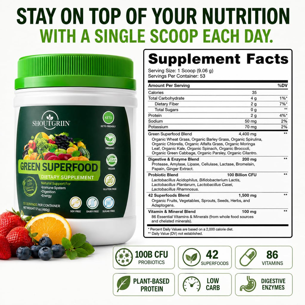 SHOUTGRIIN Green Superfood Powder — Organic Super Greens with 100 Billion CFU Probiotics & Digestive Enzymes — Vegan, Keto, Sugar-Free Daily Greens Supplement — Energy, Gut Health & Immunity