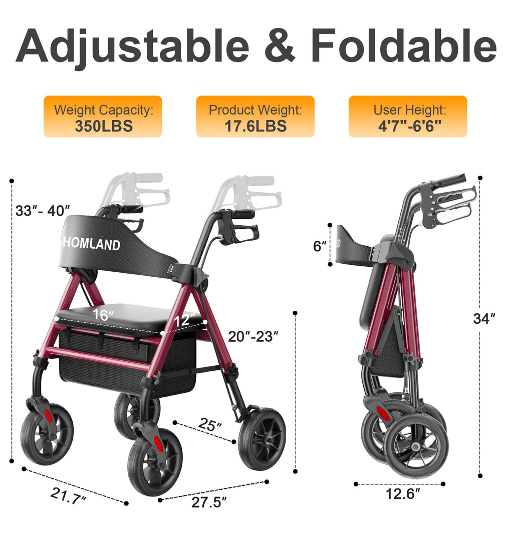 HOMLAND Walkers for Seniors with Seat, Foldable Rollator Walker, Reinforced Aluminum Frame, 8" Big Rubber Wheels for All Terrain, Height Adjustable Lightweight Rolling Walker