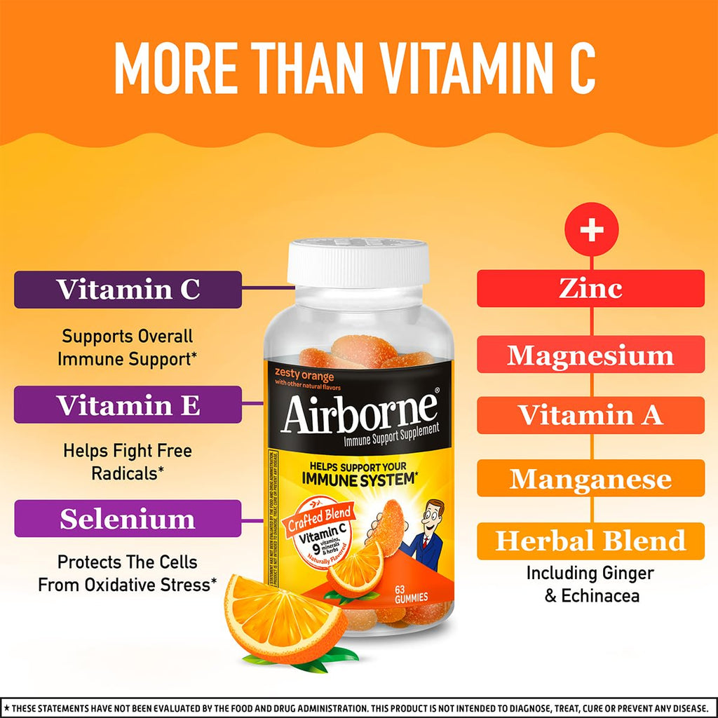 Airborne 750mg Vitamin C Immune Support Supplement Gummies for Adults, Zesty Orange Flavor, Gluten Free Crafted Blend with Powerful Antioxidants Vitamins A C & E, 63 Gummies (3 Pack)