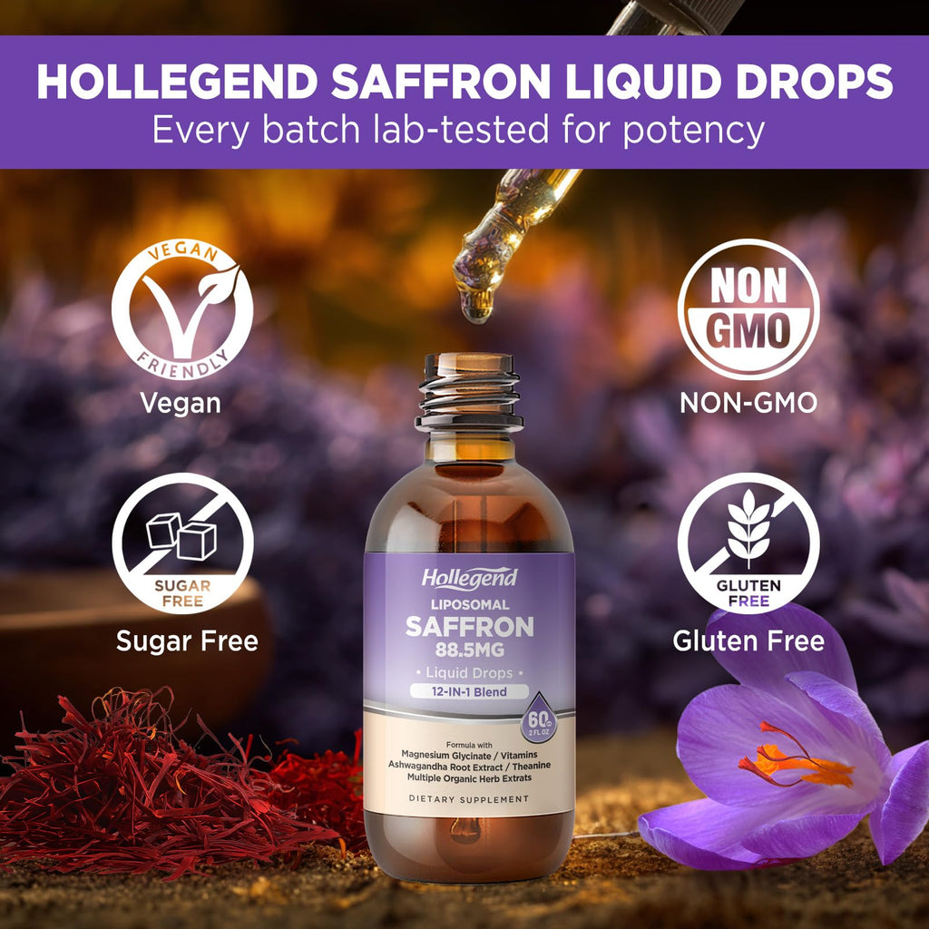 HOLLEGEND Liposomal Saffron Drops for Kids & Adults, Organic Saffron Supplement w/Magnesium, L-Theanine and Vitamins for Stress, Focus, Vision and Energy Support, Vegan, Natural Lemon Flavor, 2 FL OZ
