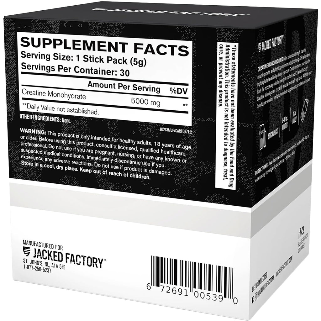 Jacked Factory Creatine Monohydrate Stick Packs 150g - 5g Daily Creatine Supplement for Men and Women, Vegan-Friendly, Third-Party Tested - 30 Servings, Unflavored