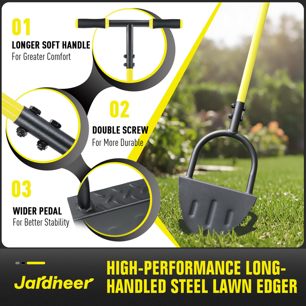 Jardineer Edger Lawn Tool Manual, Manual Half Moon Edger with Double V-Shaped Serrated Edge Blade and Wider Handle, Edging Tool for Landscaping, Sidewalks, Lawn Border, Flower Bed and Yard