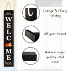 Perfnique Welcome sign for front porch standing, 47 x 7.9 Inch Wooden Leaner Sign with 10 Interchangeable Designed Icons, Seasonal Decor for Spring Easter Fall Christmas(Black)