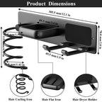 Tindbea Hair Dryer Holder Curling Iron Holder Flat Iron, Blow Dryer Holder Wall Mount, 3 in 1 Bathroom Hair Tool Organizer Rack for Universal Dryer, Matte Black