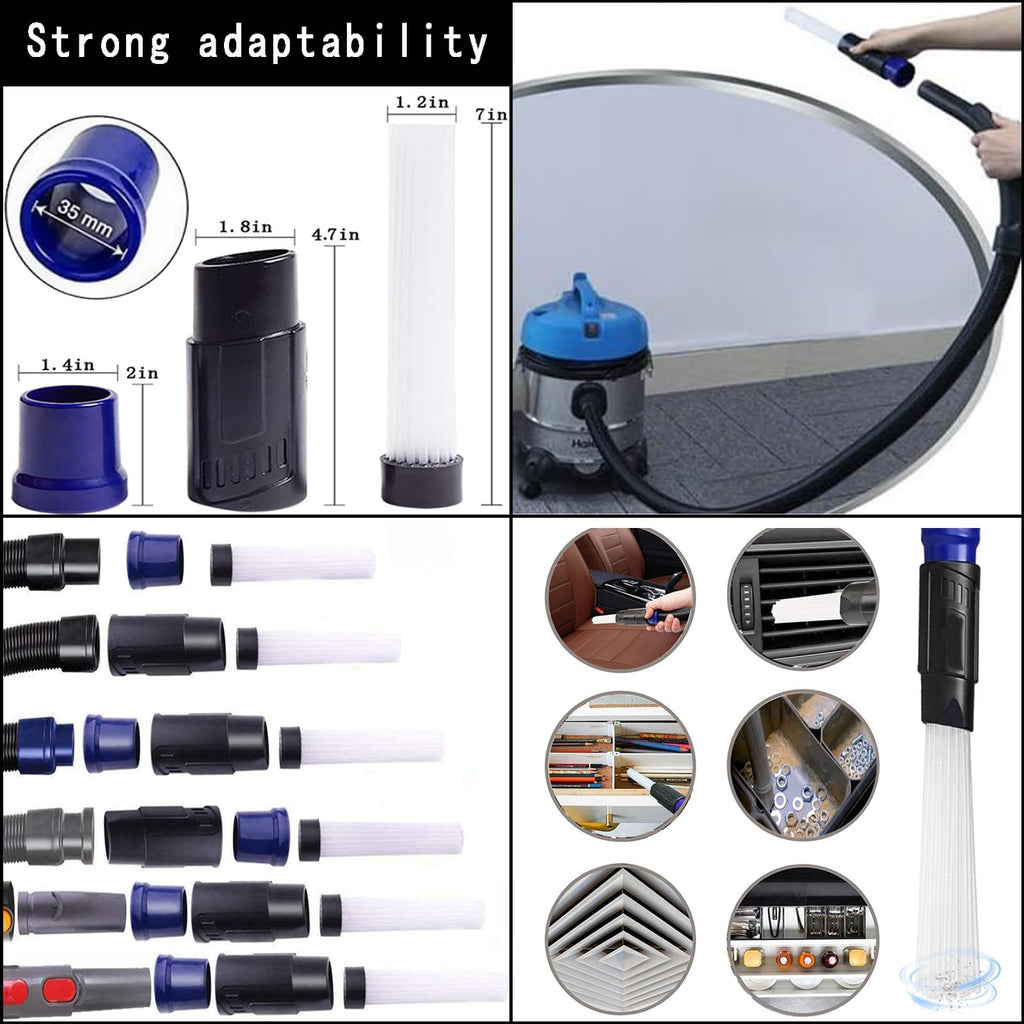 14Pcs Universal Vacuum Attachment Professional Shop Vac Accessories Wet Dry Vacuum Hose Adapter with Hair Brush Extension Wand Flexible Crevice Tool fit 2 1/2" to 1 1/4" and 1 7/8" to 1" Vacuum Hose