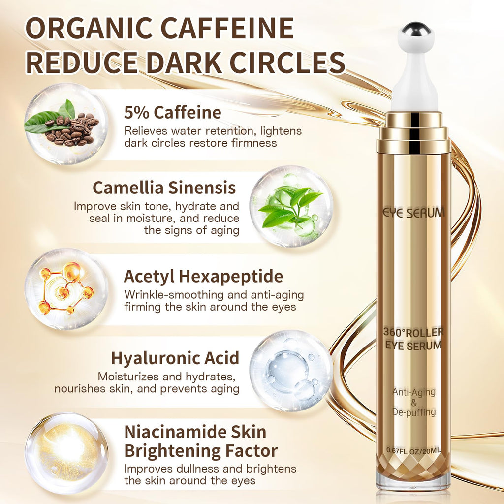 5% Caffeine Eye Serum, Hyaluronic Acid Under Eyes Cream for Dark Circles and Puffiness Anti Aging with 360° Massage Ball Reduce Wrinkles, Fine Lines and Eye Bags Treatment for Men/Women 0.67 fl. oz
