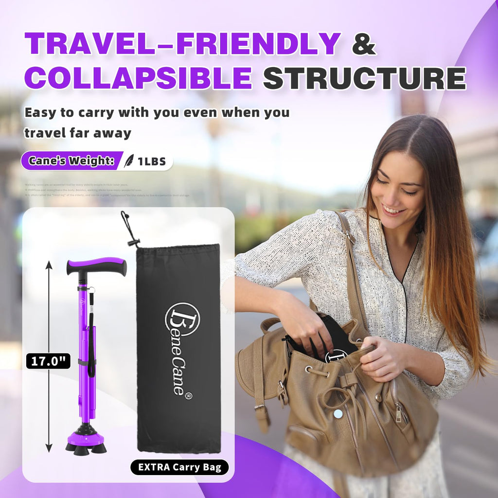 BeneCane Walking Cane for Men & Women Walking Stick for Seniors Folding Canes Quad Cane Adjustable Lightweight Sturdy Collapsible Heavy Duty with Soft TPR T-Handle and Travel Bag