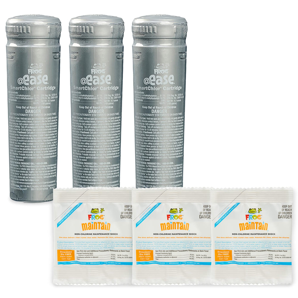 FROG @Ease in-Line SmartChlor Replacement Cartridge 3 Pack + 3 Packets of FROG Maintain Non-Chlorine Shock Treatment for Hot Tubs, Cyanuric Acid Free, for use in spas up to 600 gallons