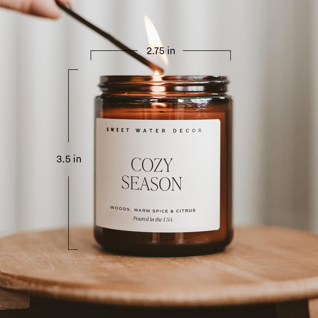 Sweet Water Decor Cozy Season Fall & Winter Candle, 9oz Amber Jar Black Lid