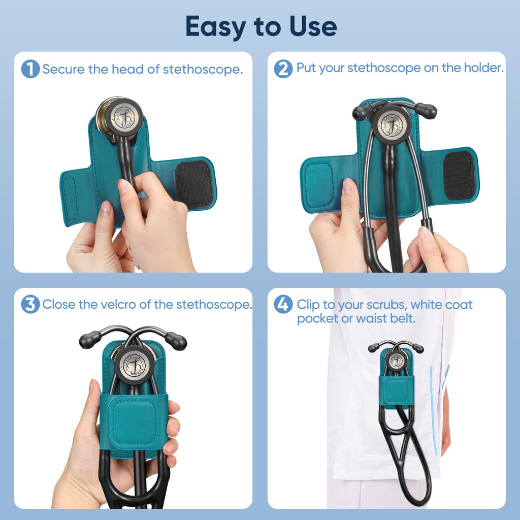 SKYREH Stethoscope Holder Clip, PU Leather Stethoscope Hip Holder Lightweight Portable Holster for Physicians, Nurses, EMT, Medical Nursing Students, for 3M Littmann & Most Stethoscope, Caribbean Blue