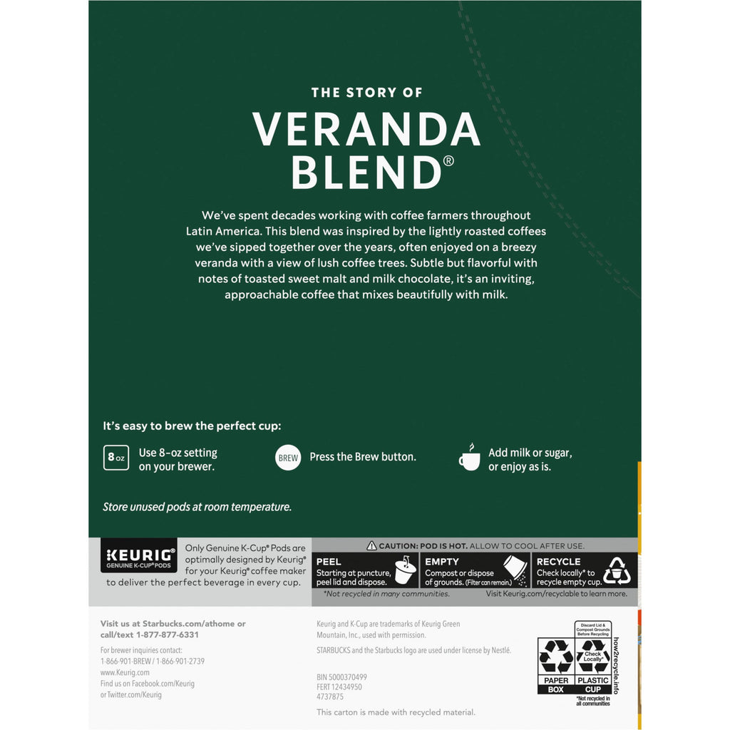Starbucks K-Cup Coffee Pods, Starbucks Blonde Roast Hot or Iced Coffee, Veranda Blend, 96 Keurig Pods
