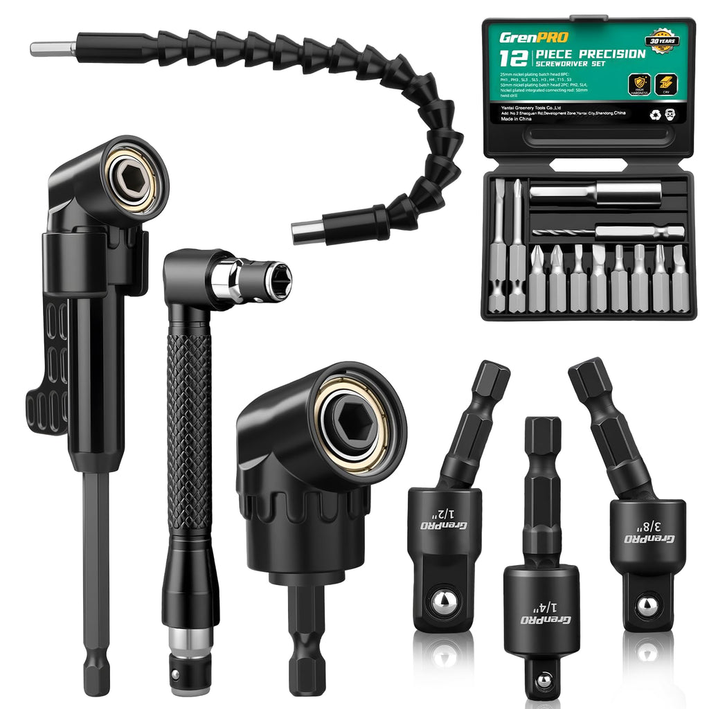GRENPRO 19 Pcs Flexible Drill Bit Extension Kit, Includes 2 Pcs 105° Right Angle Drill Attachment, 3 Pcs Rotatable Socket Adapter, 10+2 Pcs Screwdriver Bits & Bendable Extension for Tight Spaces
