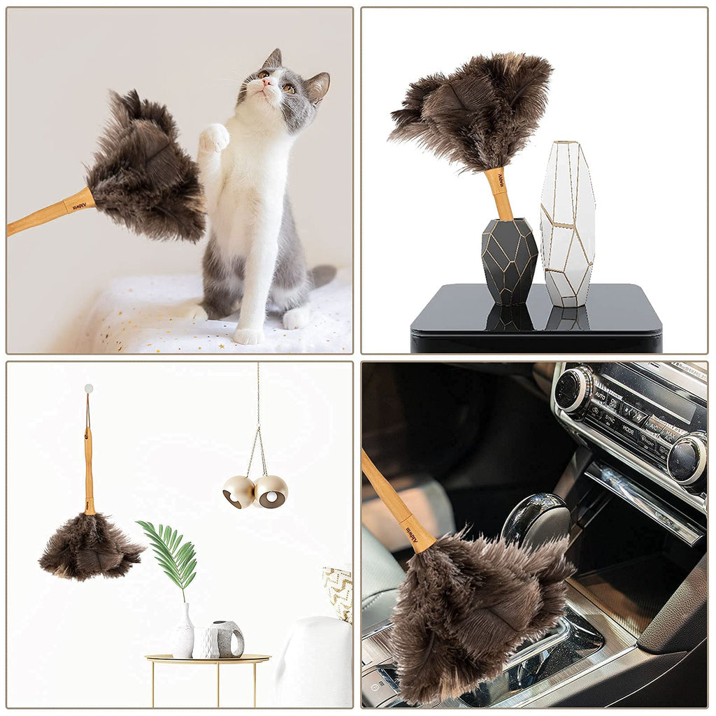 Genuine Ostrich Feather Duster, 16 inch Gray Ostrich Feather Duster with Wood Handle, Reusable Car Dusters, Eco-Friendly Handheld Cleaning Dusters for Home, Office and Kitchen