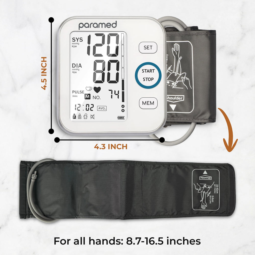 Paramed Blood Pressure Monitor - Bp Machine - Automatic Upper Arm Blood Pressure Cuff 8.7-16.5 inches - Large LCD Display 120 Sets Memory - Device Bag & Batteries Included