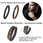 LOWNOUR Mens Bracelet Set Black Leather Bracelets for Men Tiger Eye Bracelet 8mm Lava Rock Beaded Bracelets Adjustable Stretch