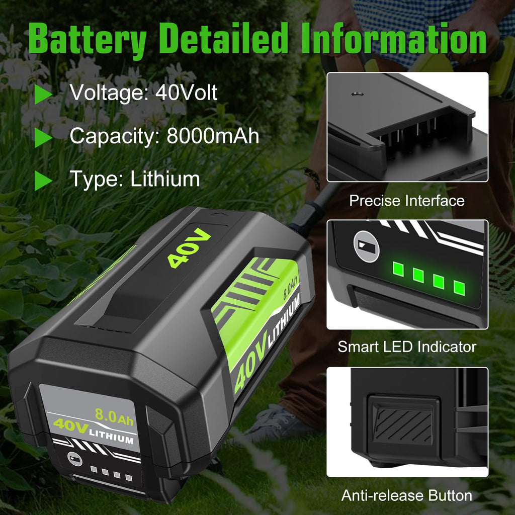 2Pack Upgraded to 8000mAh Replacement for Ryobi 40V Battery and Charger OP401 Combo, Compatible with Ryobi 40Volt Battery Lithium ion OP40261 OP40404 OP4050A OP40602 OP4075A Cordless Tools