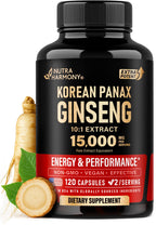 Panax Ginseng 15,000 mg - Red Korean Ginseng Supplement for Men - Extra Strength 10:1 Extract - Energy, Focus, Productivity & Performance - Natural & Vegan - Made in USA - 120 Capsules, 2 Month Supply