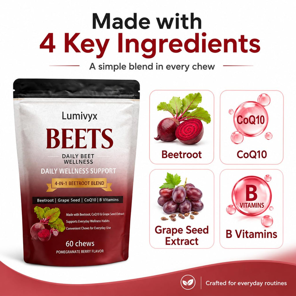 Lumivyx Beet Chews，Beetroot Blend with Beetroot, CoQ10 & Grape Seed Extract, Pomegranate Berry Flavor, 60 Count