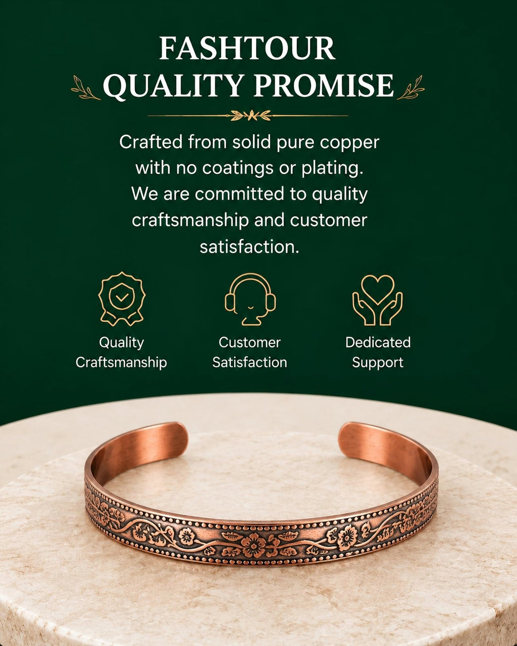 Fashtour Pure Copper Bracelet for Men & Women, Vintage Floral Cuff