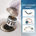Vessel Sink Drain for Bathroom, Pop-up Drain With Detachable Basket Stopper, Anti-Explosion And Anti-Clogging Drain Strainer, Sink Drain Assembly With Overflow Brushed Nickel, REGALMIX RWF083J