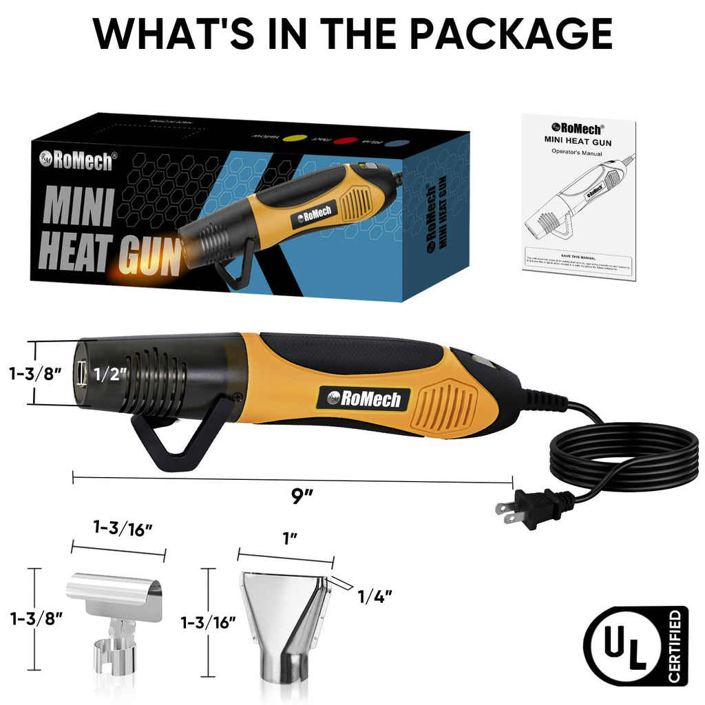ROMECH 350W Heat Gun with 2 Nozzles, Dual Temp Heat Gun 400°F-660°F, Fast Heat Hot Air Gun with Overload Protection for DIY Craft Embossing Shrink Wrapping (Orange)