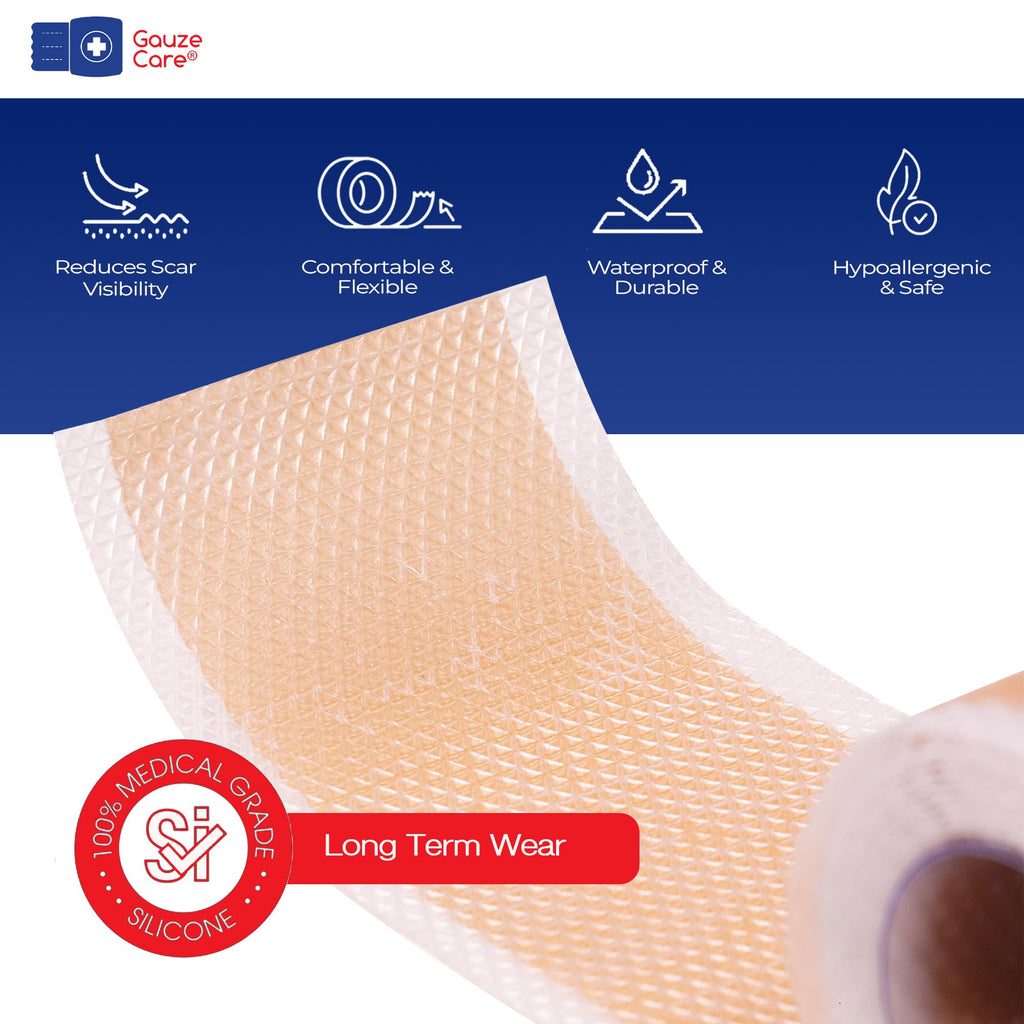 GauzeCare Silicone Scar Tape – 1.6”x150” Roll – Medical-Grade, Reusable, Professional Silicone Scar Tape for surgical scars, C-Section, Burns, Keloid, and Acne Scars