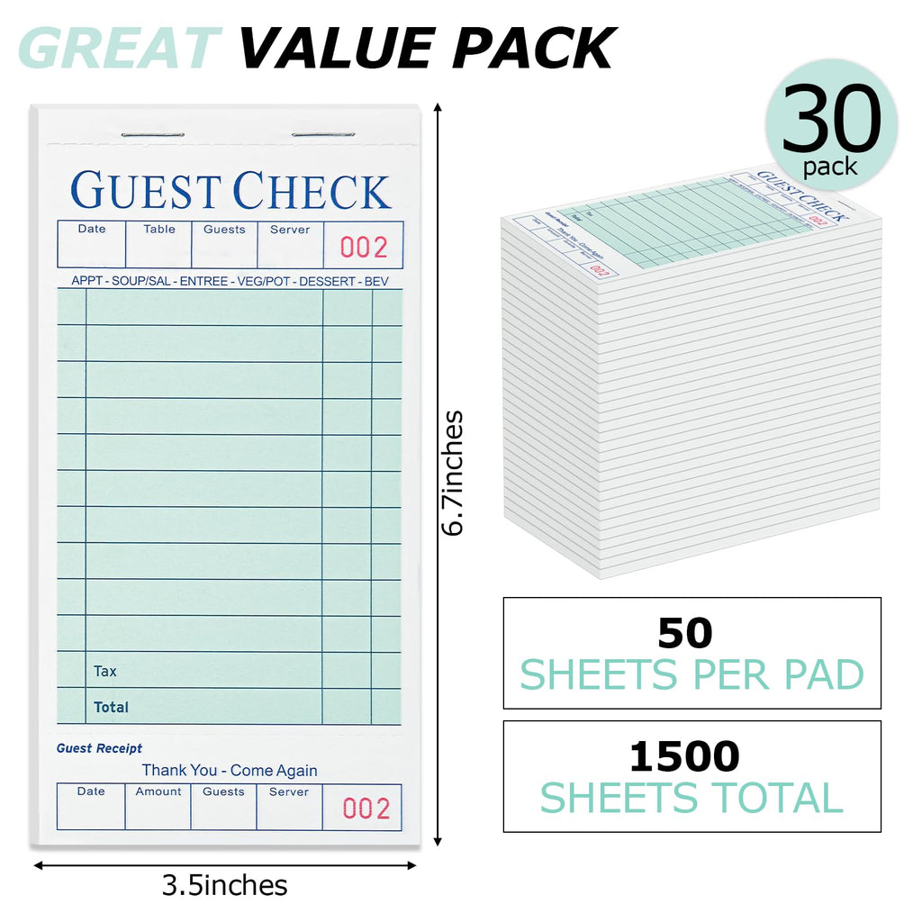 XKDOUS 30 Pack Server Books, Server Note Pads, Guest Check Books for Servers, Waitress Notepads for Restaurants, 1500 Orders Total