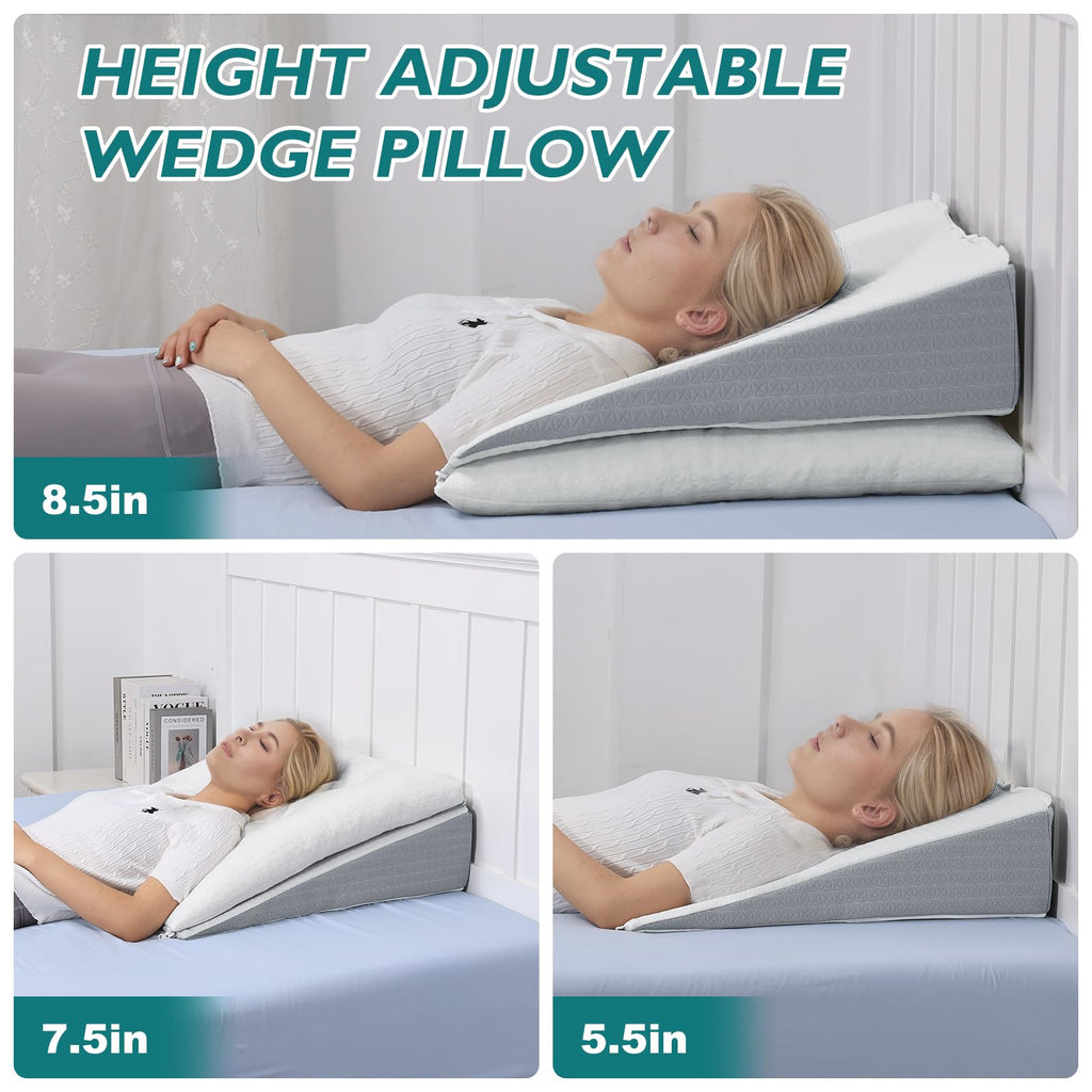 TANYOO Bed Wedge Pillow for Sleep Apnea 7.5Inch Gerd Pillow Patent Dual Layer Triangle Pillow Adjustable Shredded Memory Foam Topper Soft Support Ideal for Acid Reflux, After Surgery, Snoring