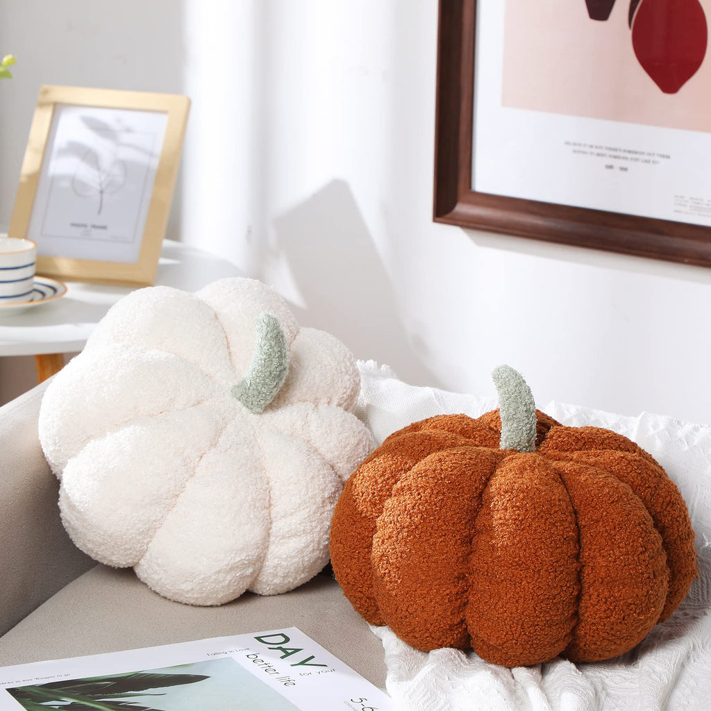 Kajaia 2 Pcs 3D Pumpkin Pillow Fall Decor Halloween Cushions, White, Brown
