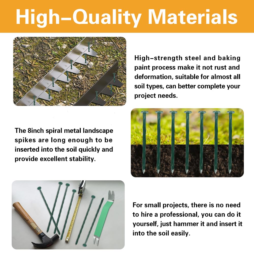 Bakulyor 100 Pack Metal Landscape Stakes, 8 Inch Artificial Grass Nails, 6 Gauge Large Landscaping Staples, Green Edging Anchor Stake for Garden Ground Lawn Paver Timber Border Weed Barrier Spikes 8"