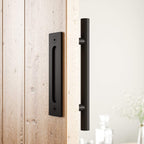 SMARTSTANDARD 12" Heavy Duty Sliding Barn Door Handle, Pull and Flush Hardware Set, Black Powder Coated Finish, Large Rustic Two-Side Design, Round