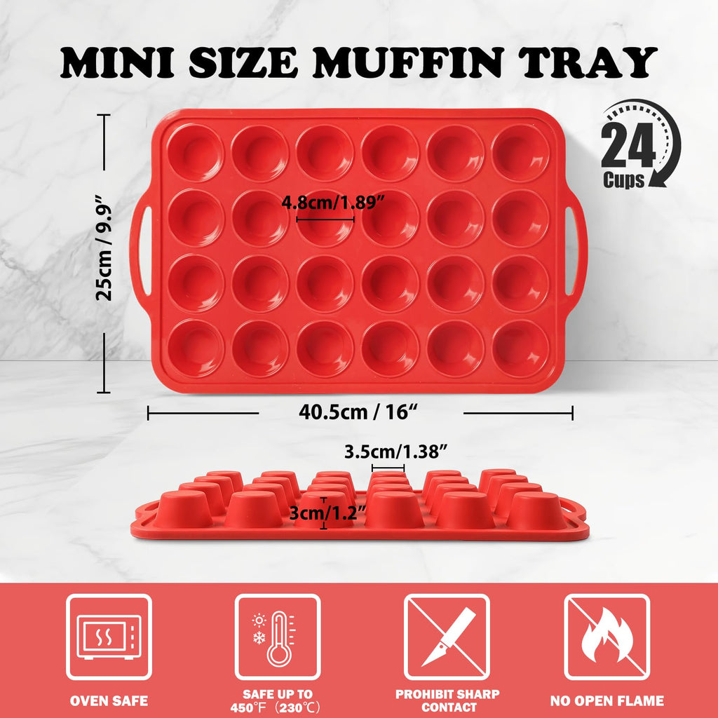 2 Pack Mini Silicone Muffin Pan with Metal Frame, Non-stick Regular Silicone Cupcake Pan with Handles 24 Cup, Silicon Muffin Tin Tray for baking, egg bites, Cupcake Mold, BPA Free Red