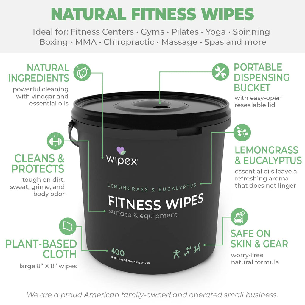 Wipex Yoga Mat Cleaner Wipes, EWG Verified, 400 Ct Plant-Based Lemongrass, Eucalyptus & Vinegar Wipes for Gym & Fitness Equipment & All Purpose Gym Cleaning - Safe for Peloton Bikes & Treadmills